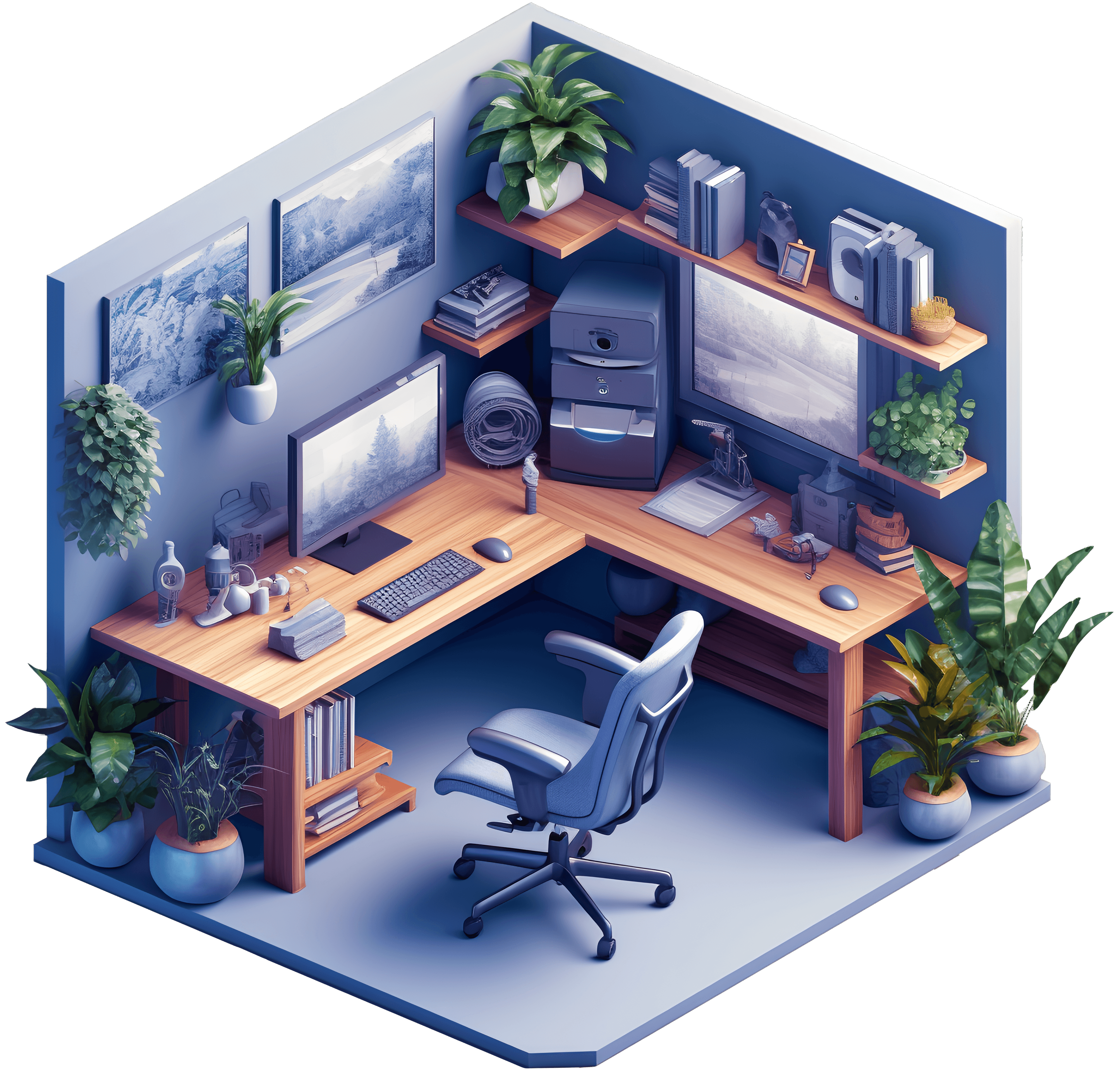 an isometric home office with a computer desk, lamps and plants, in the style of 2d game art, navy and blue